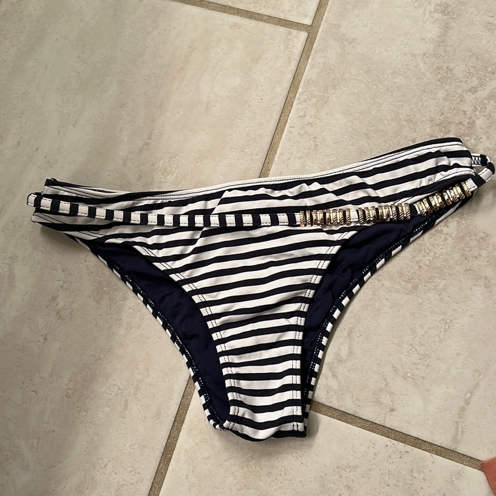 SOL & Energia cheeky swim bottom navy stripe gold belt small